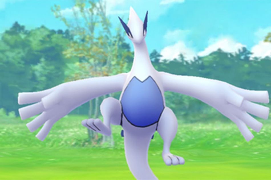 A Lugia pokemon is looking all weird on some random meadow.