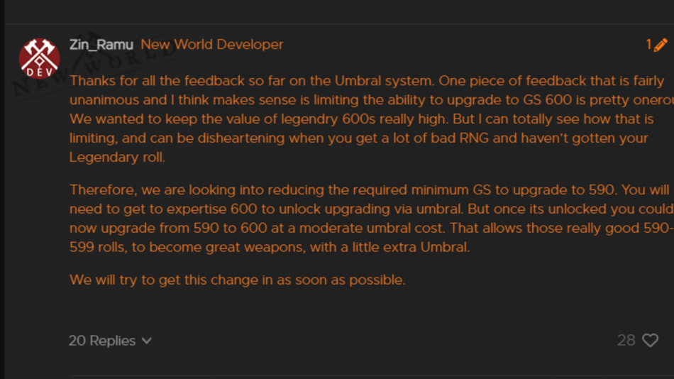 New World - Quick developer response