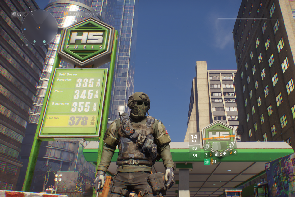 The Division screenshot showing an armored SHD agent next to a gas station with its gas prices listed on the side.
