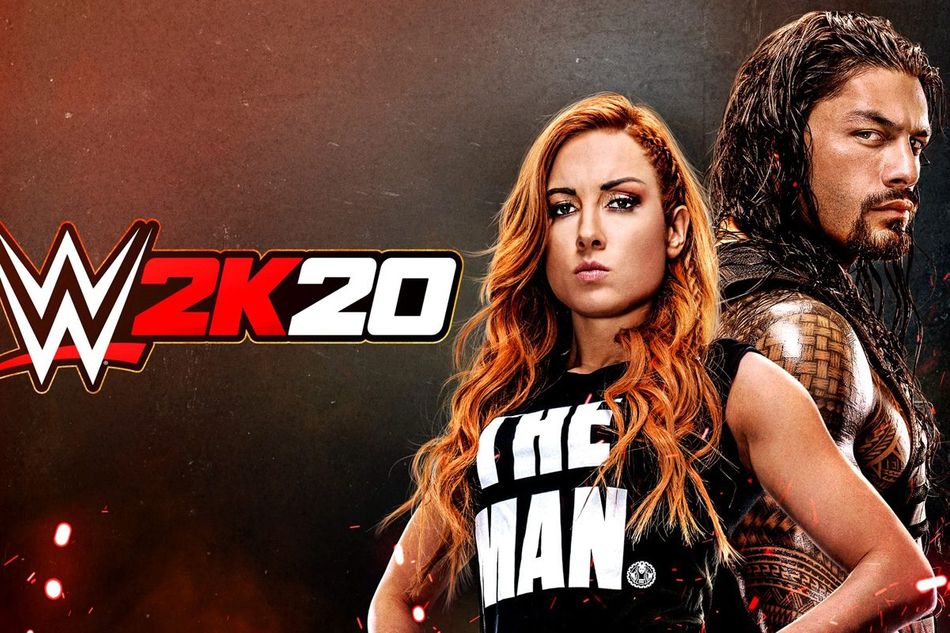 WWE 2K20 cover art featuring Roman Reigns and Becky Lynch