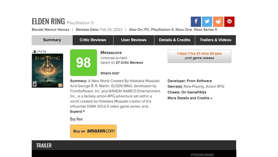 Elden Ring score on Metacritic