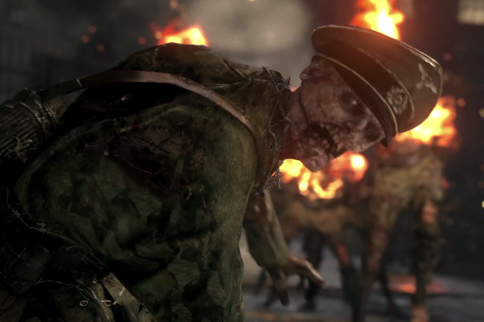 A Nazi zombie looking towards the camera