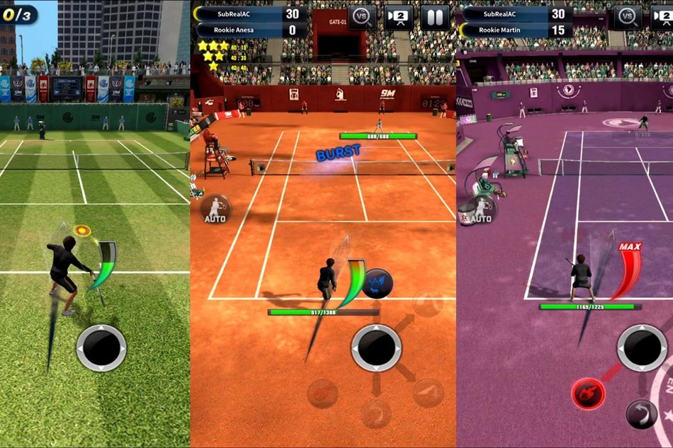 Three screenshots of Ultimate Tennis of iOS combined together.
