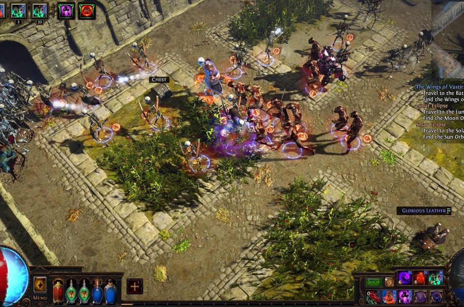 Path of Exile character running surrounded by zombies and auras