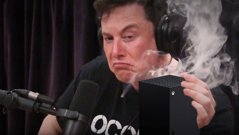 A meme from Twitter, showing Elon Musk holding an Xbox Series X console on fire - edited.