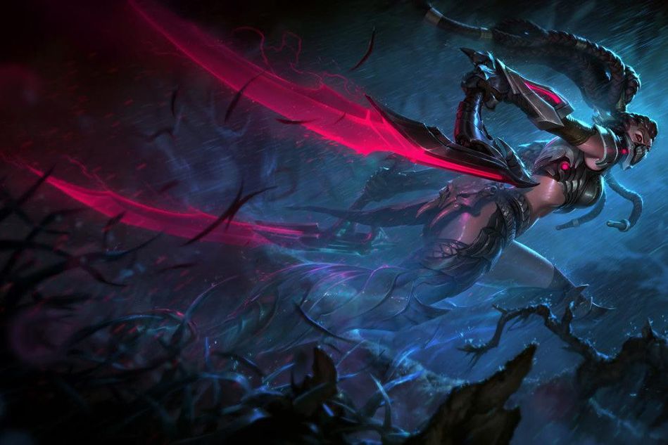 Splash art for Headhunter Akali skin, showing her in Predator-like suit in a dark forest.