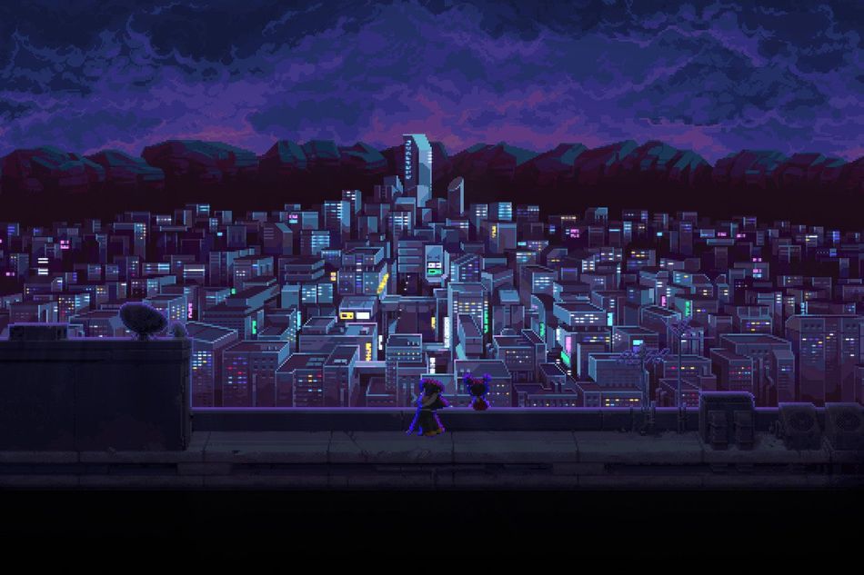 Picture of a city at night in Katana Zero