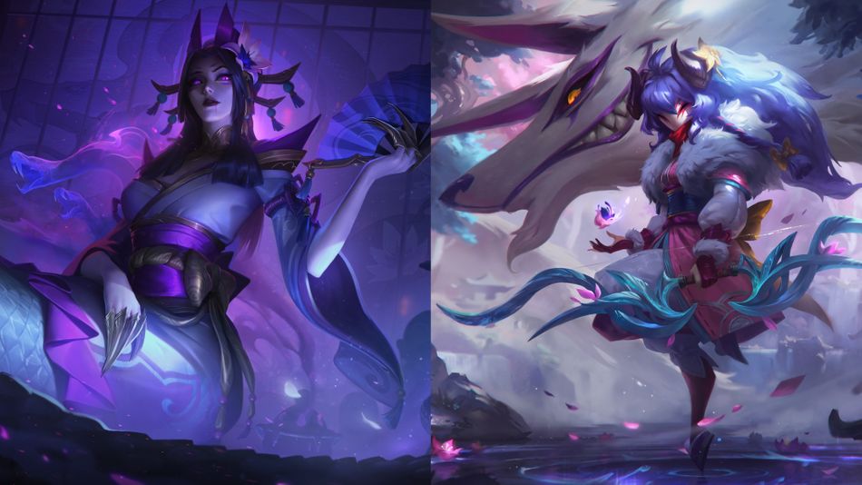 League of Legends champions Cassiopeia and Kindred splash art