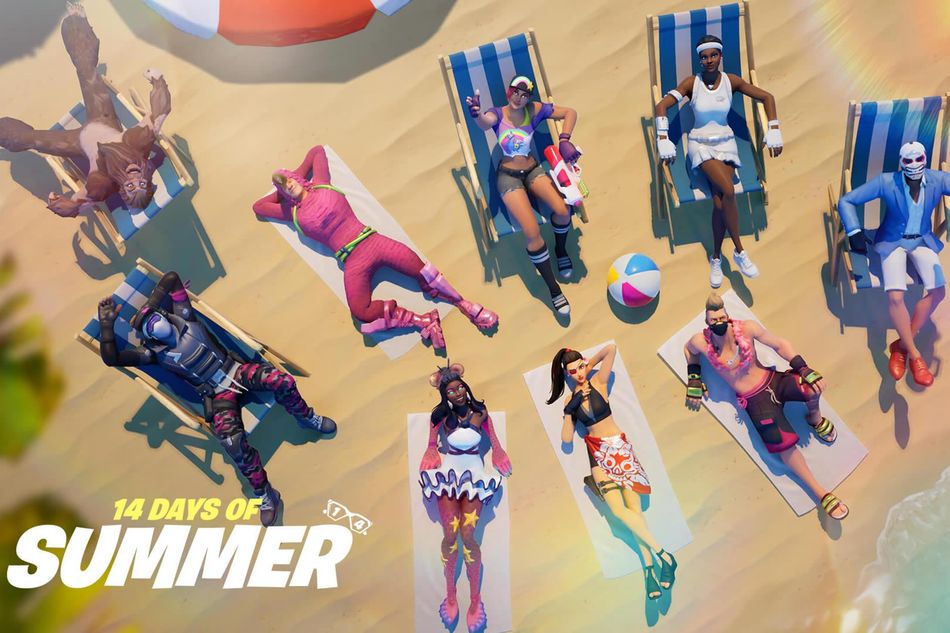 Fortnite characters sunbathing on a beach