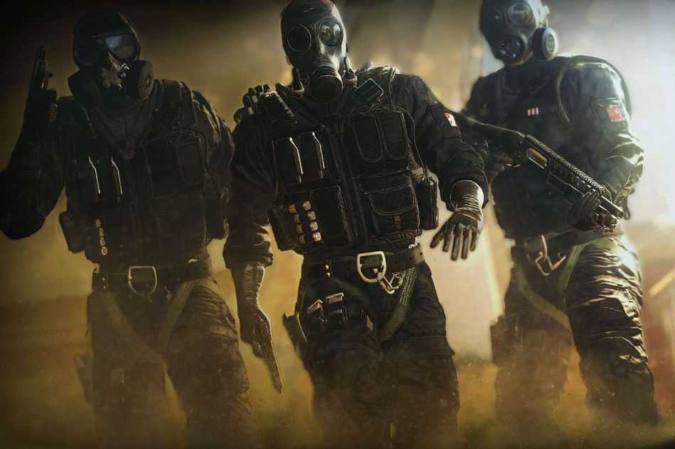 Rainbow Six Siege promotional poster showing three SAS operators - Mute, Thatcher and Smoke.