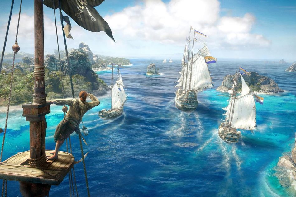 skull and bones screenshot showing ships sailing around the islands
