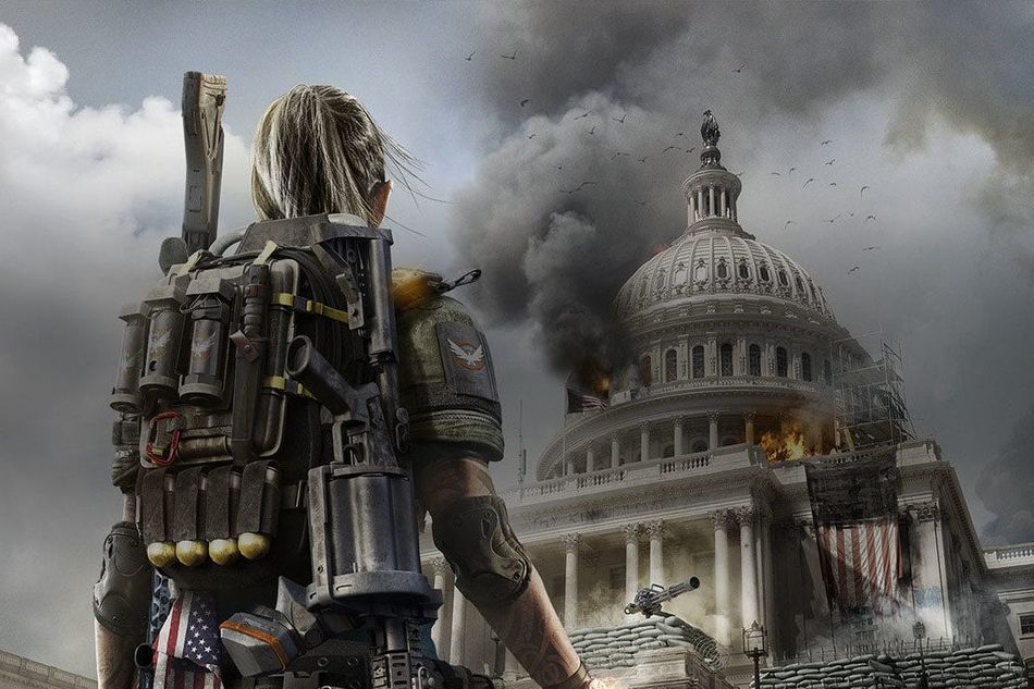 An SHD agent is looking at the White House in flames