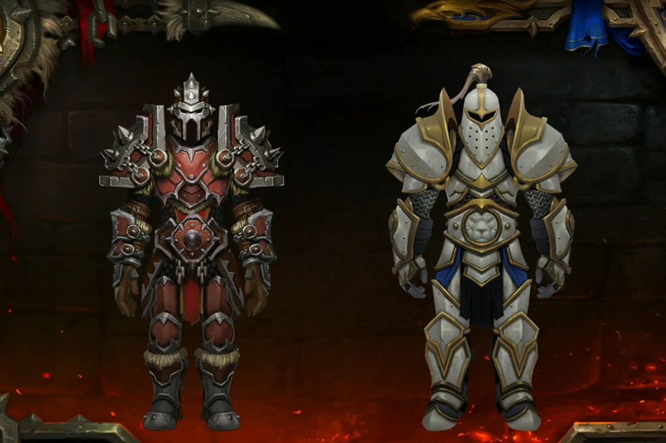 Horde and Alliance versions of the Warfront Tier 2 plate armour sets