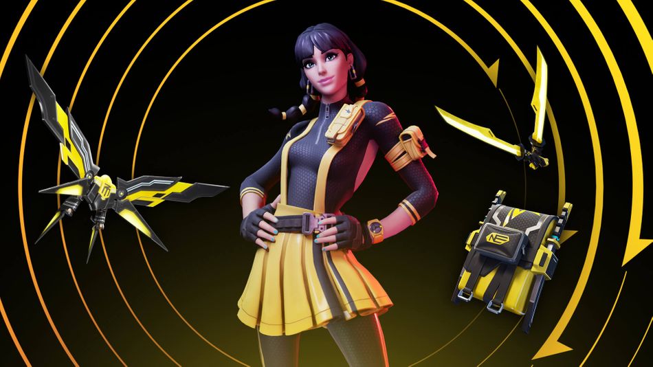Fortnite female character in black-and-yellow outfit