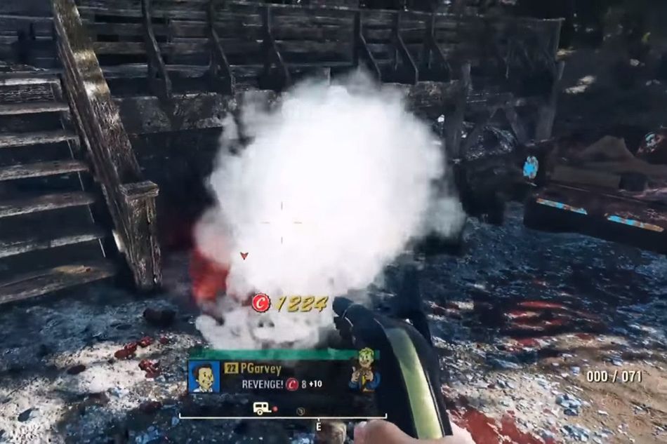 Screenshot from Fallout 76 trailer where a player is killing someone named PGarvey