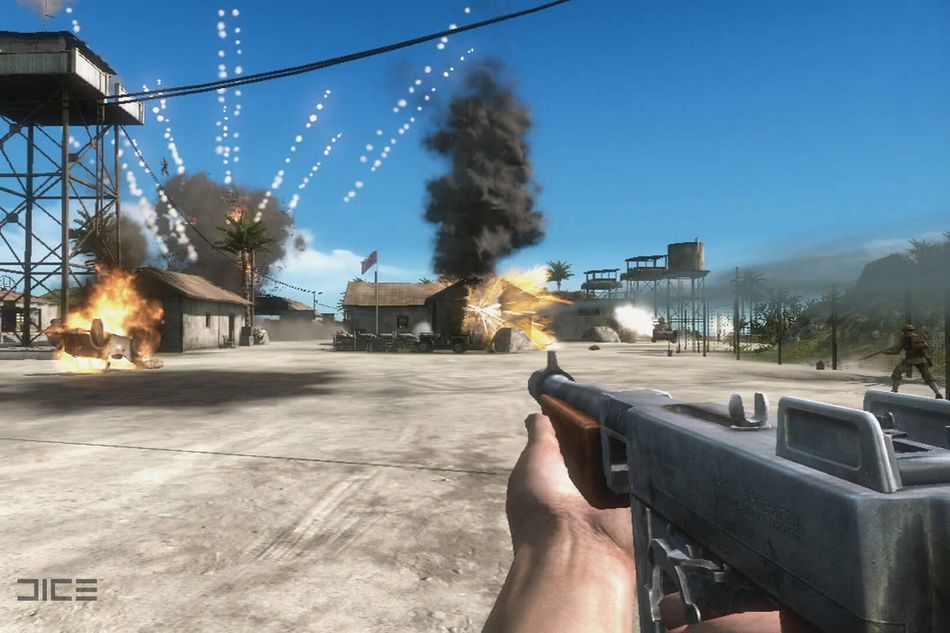 Screenshot from Battlefield 1943 showing a soldier carrying a Thompson submachine gun on the battlefield.