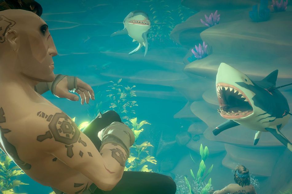 Animated character being attacked by several sharks