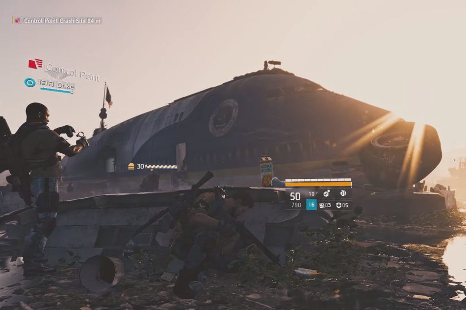The Division 2 screenshot shows several SHD agents shooting up random NPCs