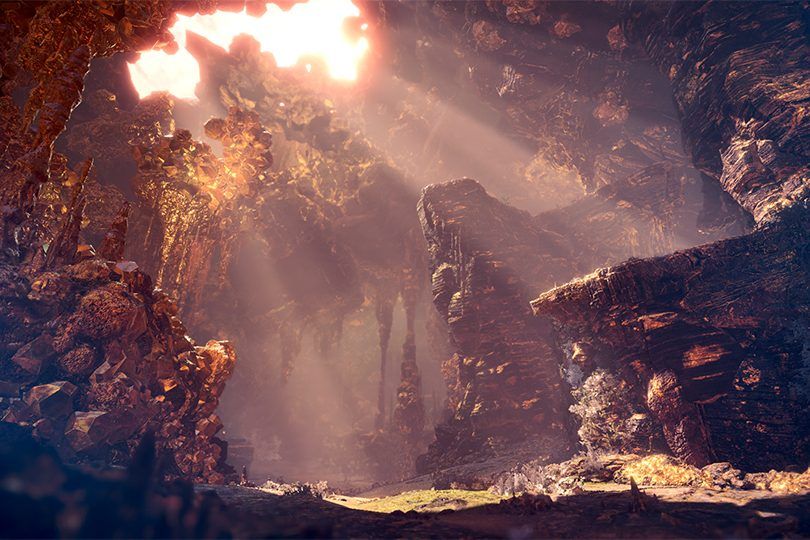 Screenshot from Monster Hunter World showing the new area Caverns of El Dorado.