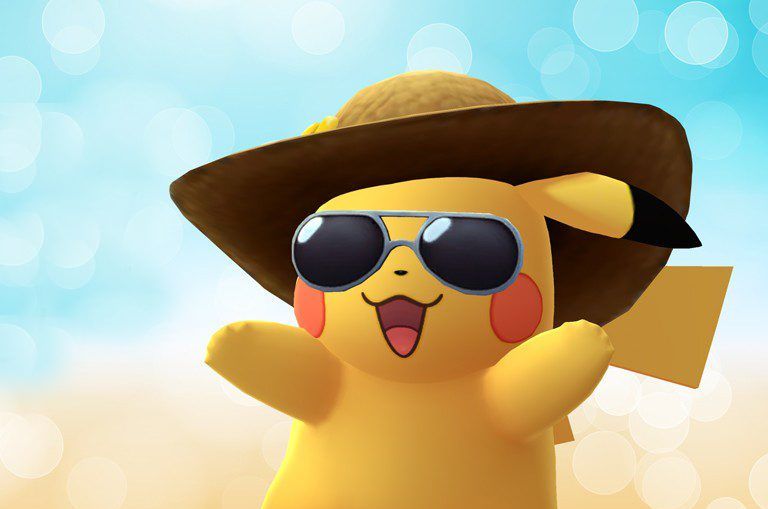 Pikachu wearing a new outfit that includes a straw hat and glasses