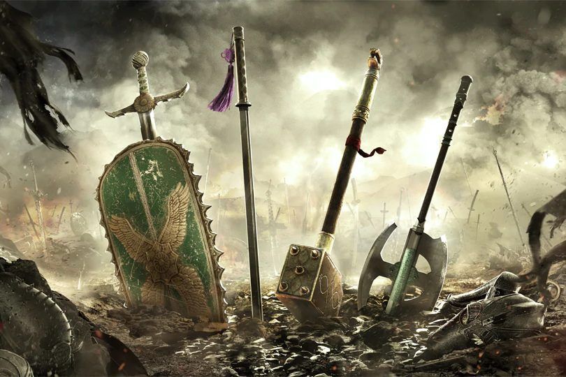 picture showing four weapons and a shield