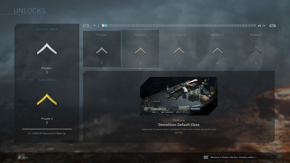 Call of Duty: Modern Warfare, progression menu