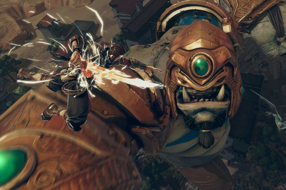 Avil is about to chop a Ravenii's head off with a spinning attack.