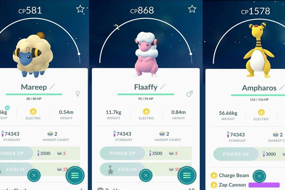 Three screenshots from Pokemon GO showing Mareep's evolution.