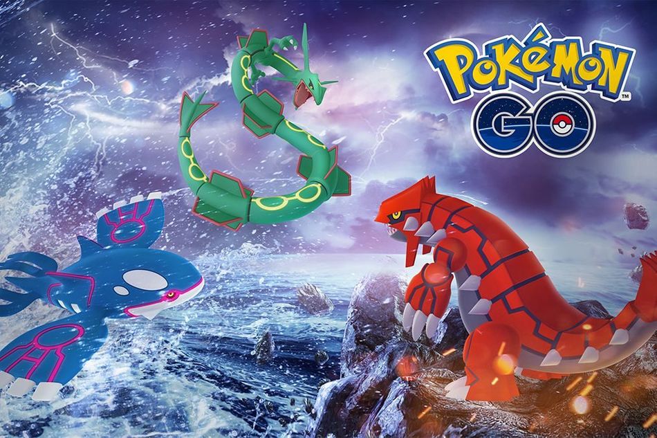 Rayquaza, Kyogre and Groudon on Pokemon GO's Legendary Week logo