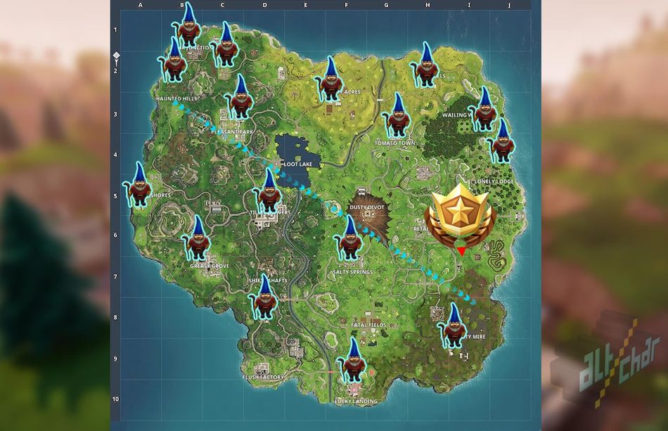 Map detailing Fortnite's Battle Pass weekly challenges in S4W8