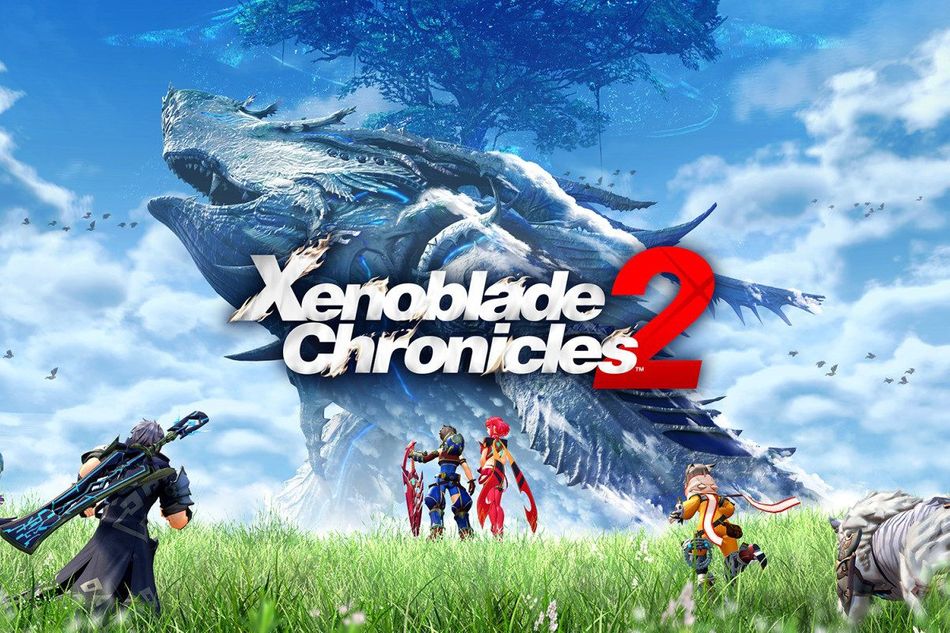 Xenoblade Chronicles promotional poster shows some anime people running towards a giant monster