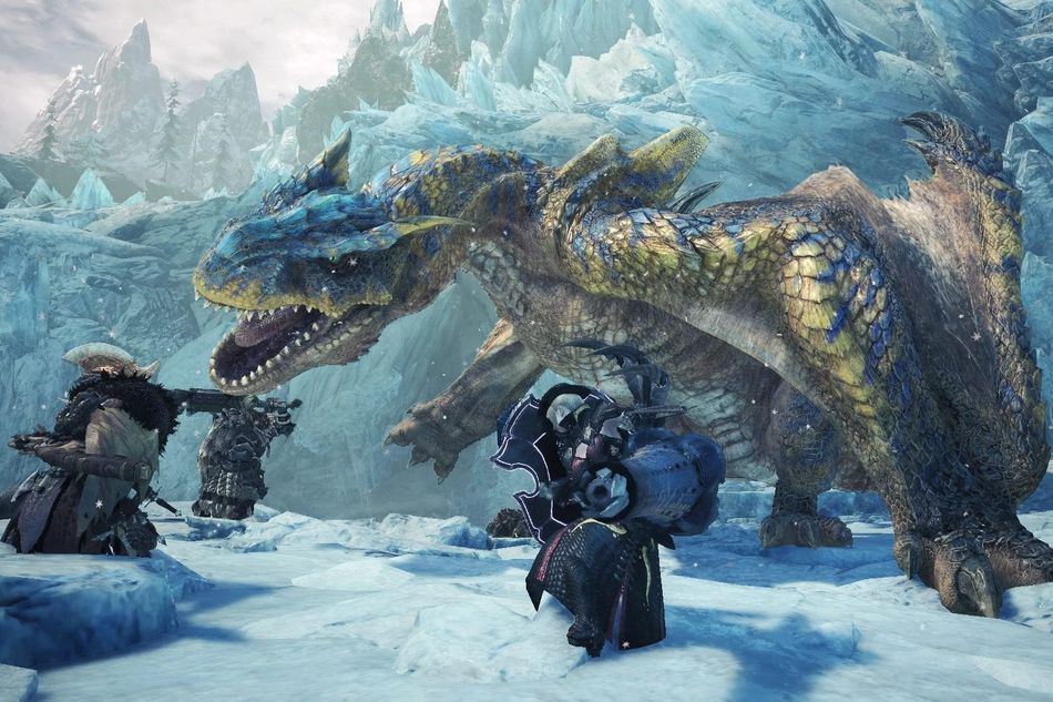 Monster Hunter World: Iceborne screenshot showing a dragon fighting two warriors