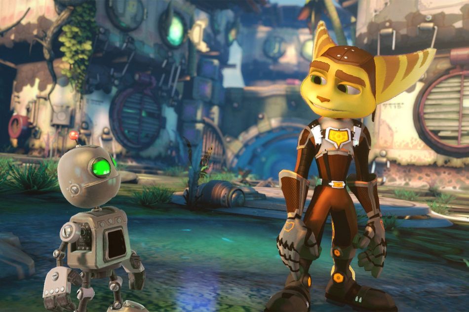Screenshot from Ratchet and Clank showing the protagonists in the game's pretty colours.
