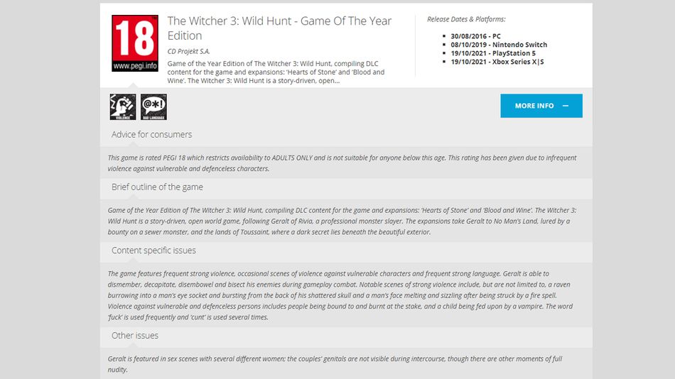 The Witcher 3 rating on PEGI
