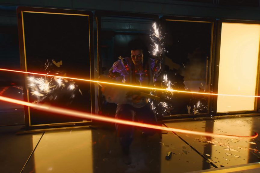 cyberpunk 2077 screenshot showing a glowing nanowire attacking a female character