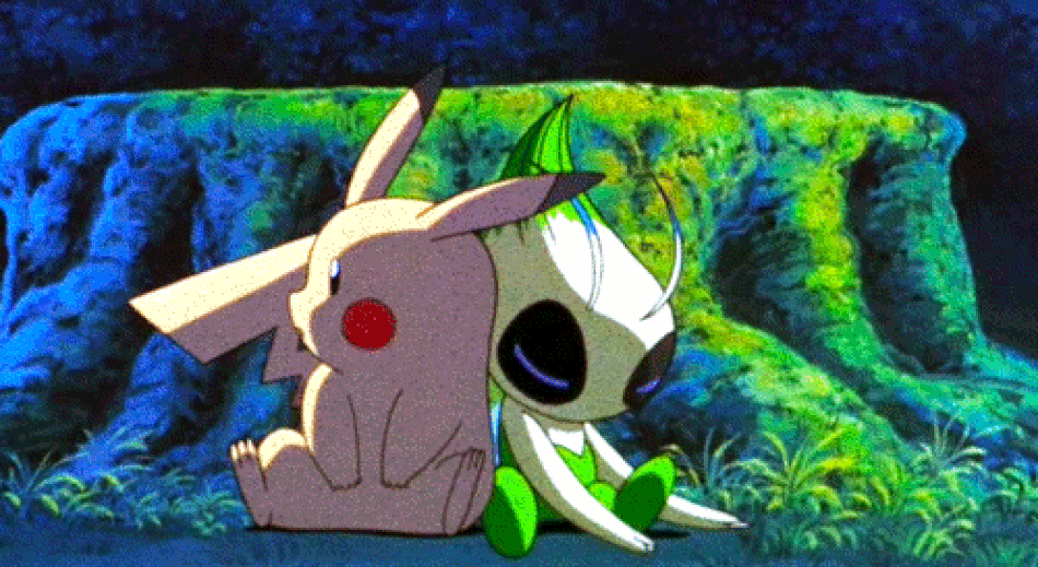 Pikachu and the Mythical Pokemon Celebi sleeping next to a tree stump