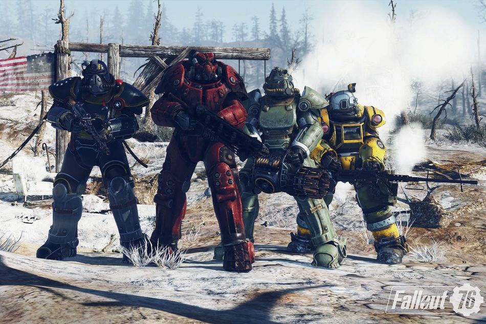 Picture of four weirdos in oddly coloured power armour 
