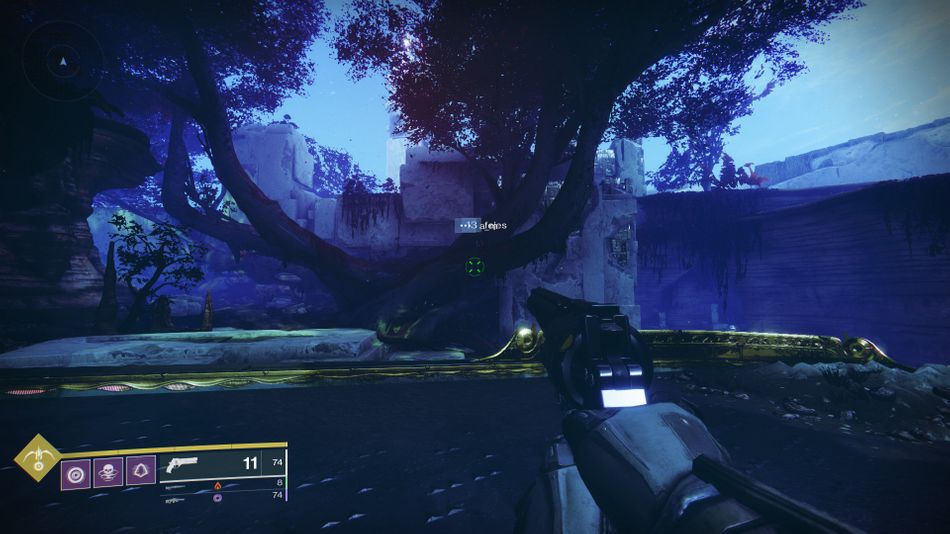 Destiny 2 - Xur's new location on the tree in Watcher's Grave is visible from the crashed barge
