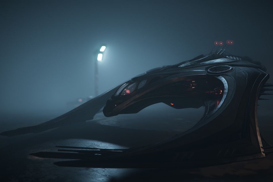 Picture of a fancy alien ship in a hangar from Star Citizen
