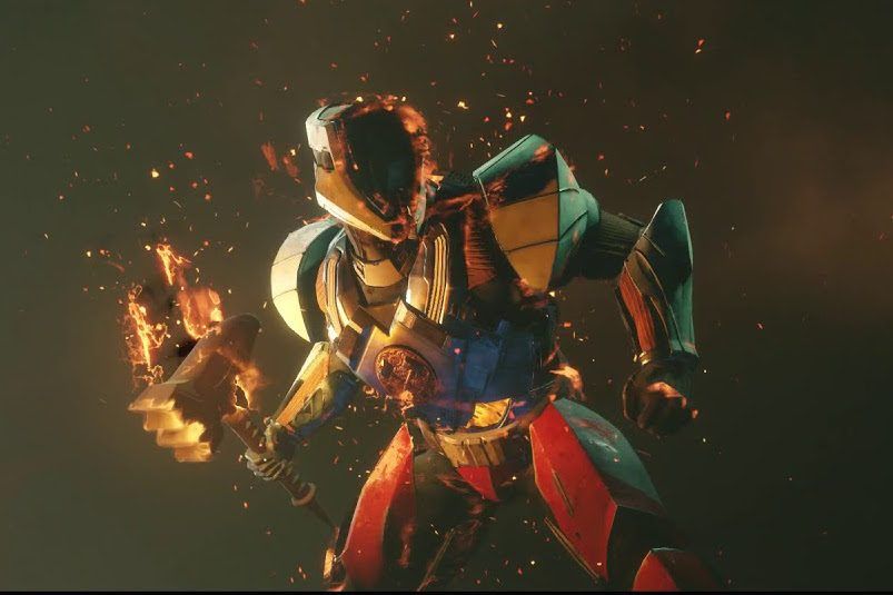 An armored guy holding a fiery hammer.