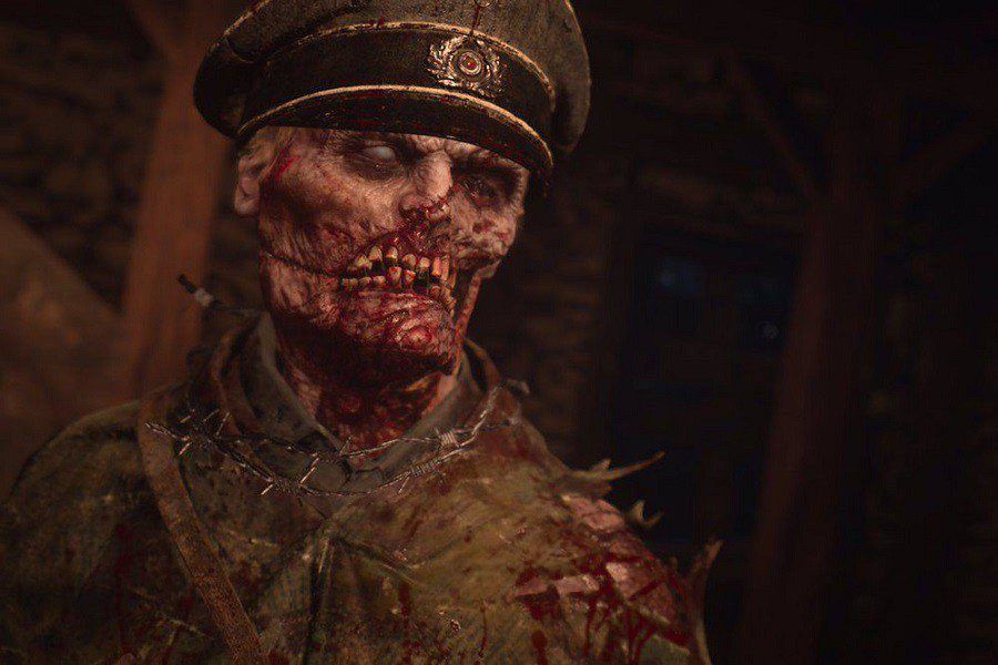 A picture of a Nazi Zombie officer on a dark background. He's all bloodied and torn.