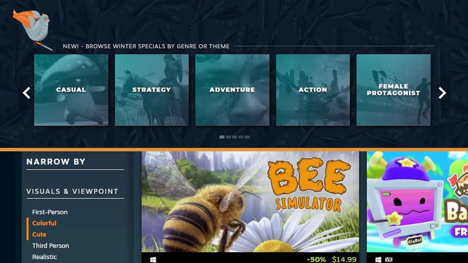 Steam Winter Sale categories (above), faceted browsing (below)