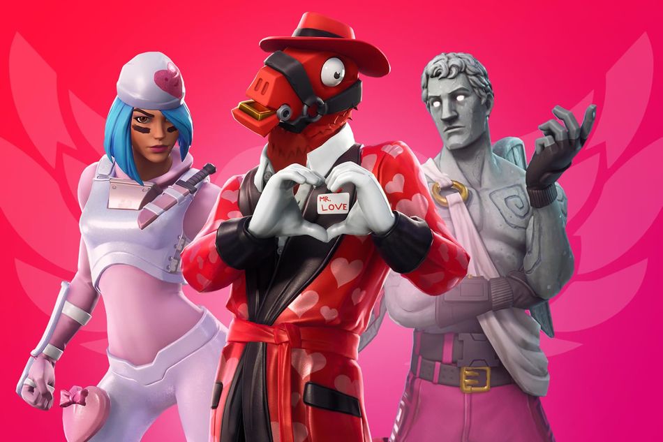 Three Fortnite characters in Valentine's Day cosmetics