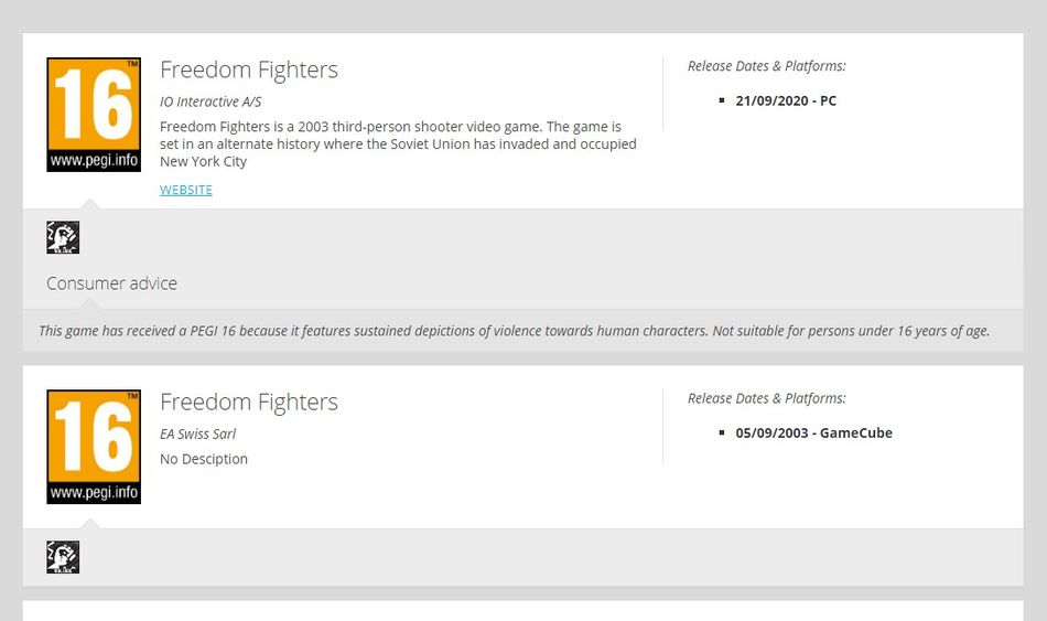 screenshot showing PEGI rating of Freedom Fighters 