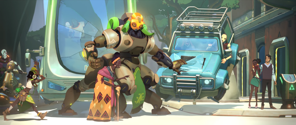 Picture of Orisa helping an old woman across the street