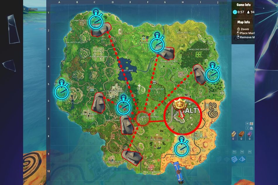 Map for Fortnite's Season 5, Week 6 challenges