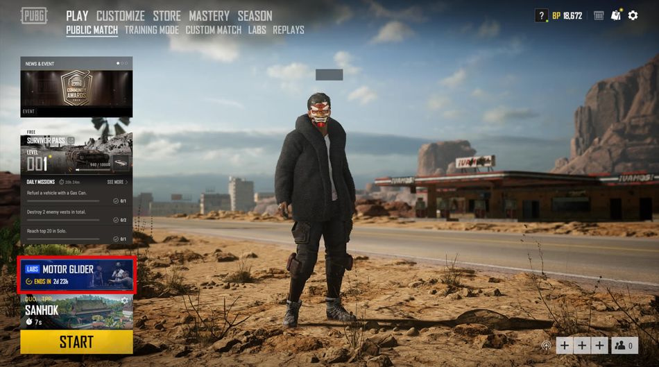 PUBG Labs's Motor Glider mode main screen