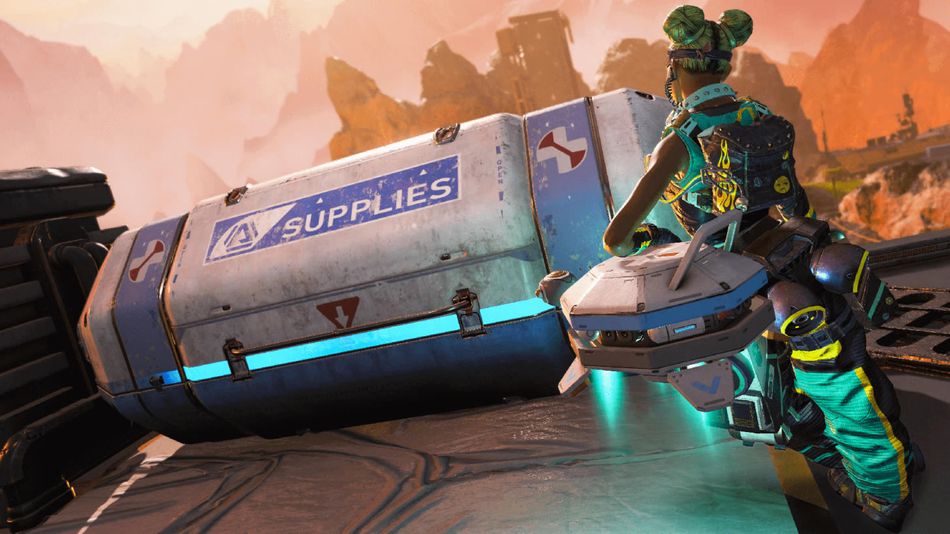 Apex Legends character Lifeline opening a Blue supply bin