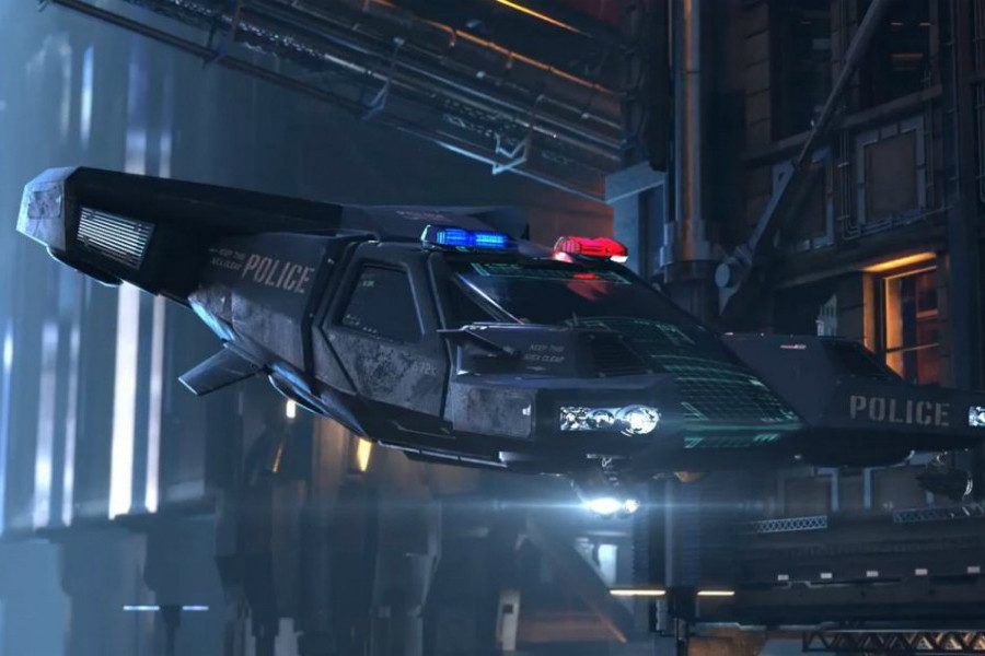 Flying police car is arriving to a crime scene in Night City.