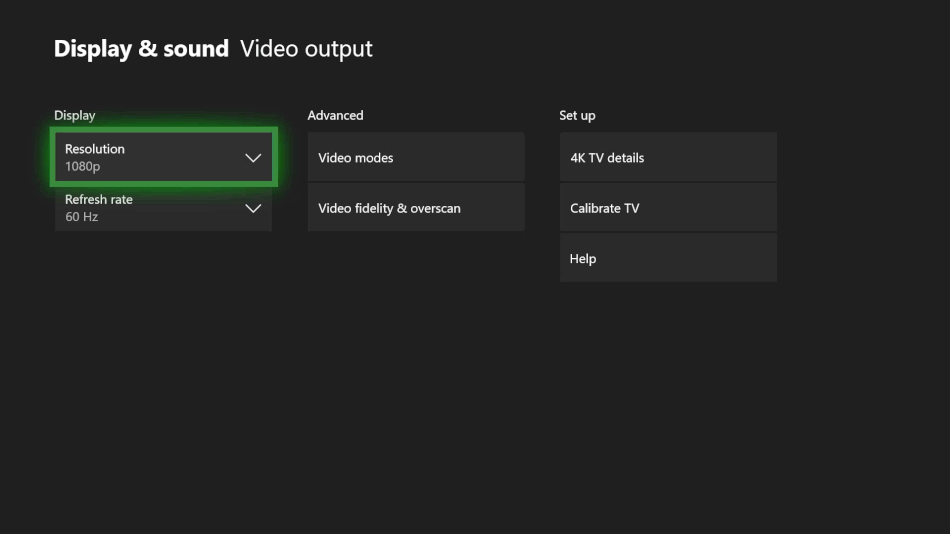 Gif showing Xbox One screen where players choose refresh rates